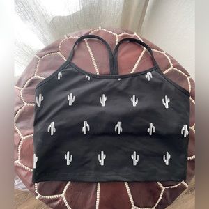 Beyond Yoga Black Crop Top with White Cactus Print